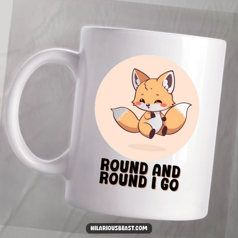 Funny mug depicting a small, round fox cub energetically spinning in a circle while chasing its own tail, capturing pure playful chaos.
