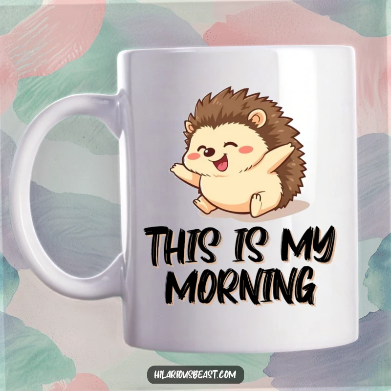 Funny hedgehog mug showing a chubby hedgehog gleefully rolling downhill with paws spread wide in pure amusement, a picture of fuzzy fun.