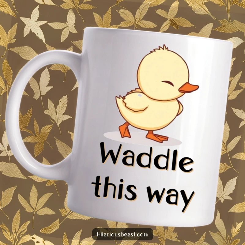 Funny Duckling Tripping Mug: a cute, waddling duckling stumbling adorably over its feet, capturing sweet clumsiness.