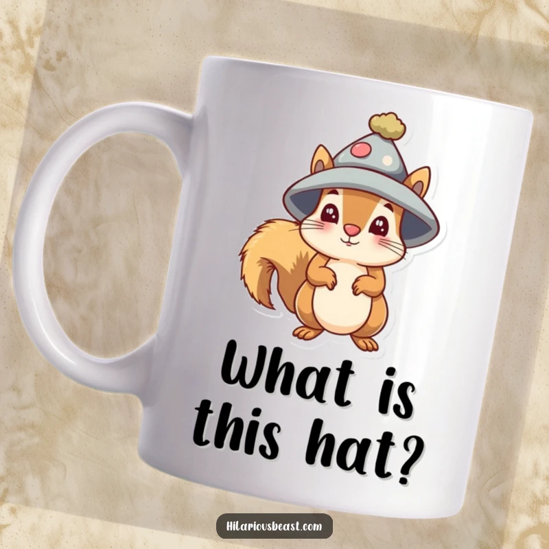 Funny small squirrel mug wearing a silly oversized hat, looking utterly bewildered and confused.