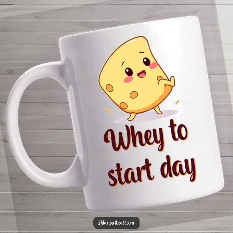 Funny mug showing a squeaky cheese wedge character mid-cartwheel, losing balance in a comical and joyous attempt.
