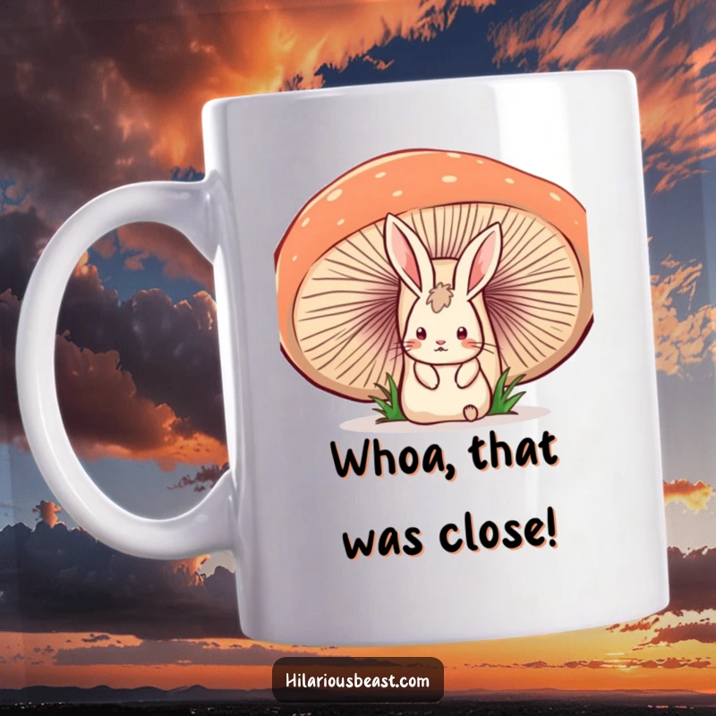 Funny mug showing a startled rabbit peeking with wide eyes from behind a giant, wobbly mushroom in a comical, surprising pose.