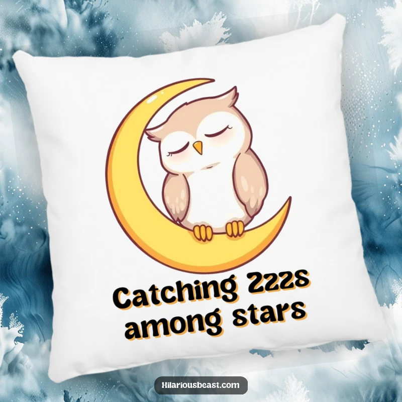 Funny owl pillow showcasing a cute, sleepy owl character peacefully dozing on a crescent moon, perfect for comfort.