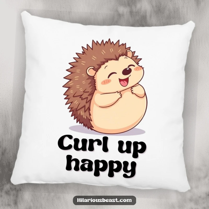 Funny Hedgehog Pillow: a plush cushion with a plump, grinning hedgehog joyfully rolling into a ball.