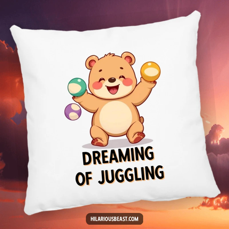 Funny bear cub pillow featuring a chubby cub juggling three colorful balls with a wide grin, a soft and humorous decor item.