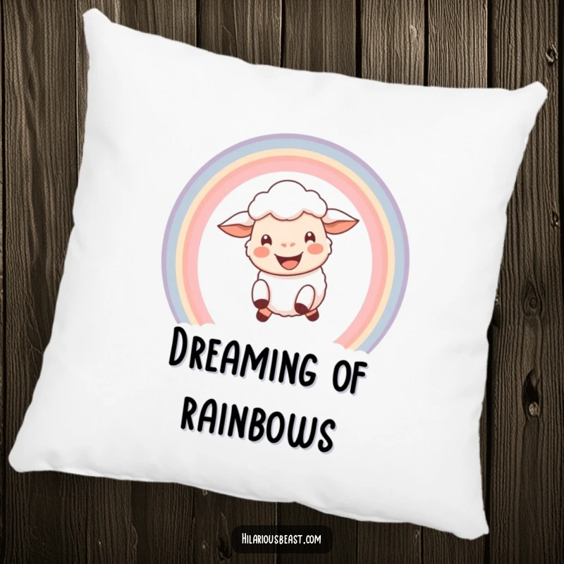 Funny decorative pillow with a happy sheep with a wide grin leaping through a vibrant rainbow, offering comfort and a touch of joy.