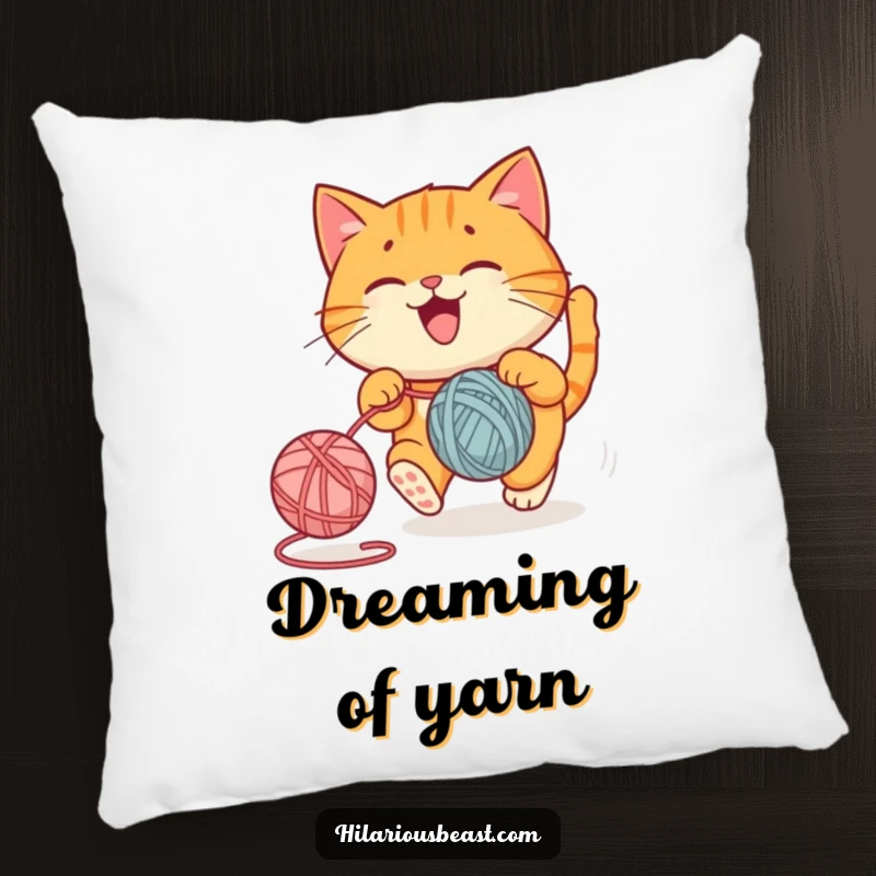 Funny pillow with a round orange cat joyfully chasing a bouncing yarn ball, a soft and funny gift.