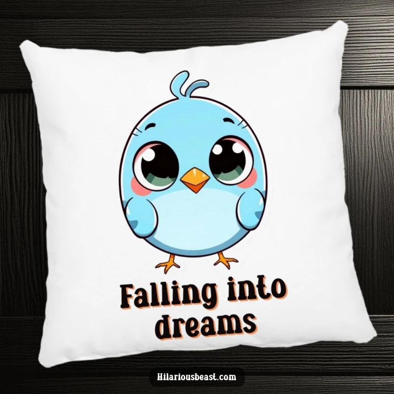 Funny round blue bird pillow with comically wide eyes, tripping slightly, a plush accent of goofy surprise.