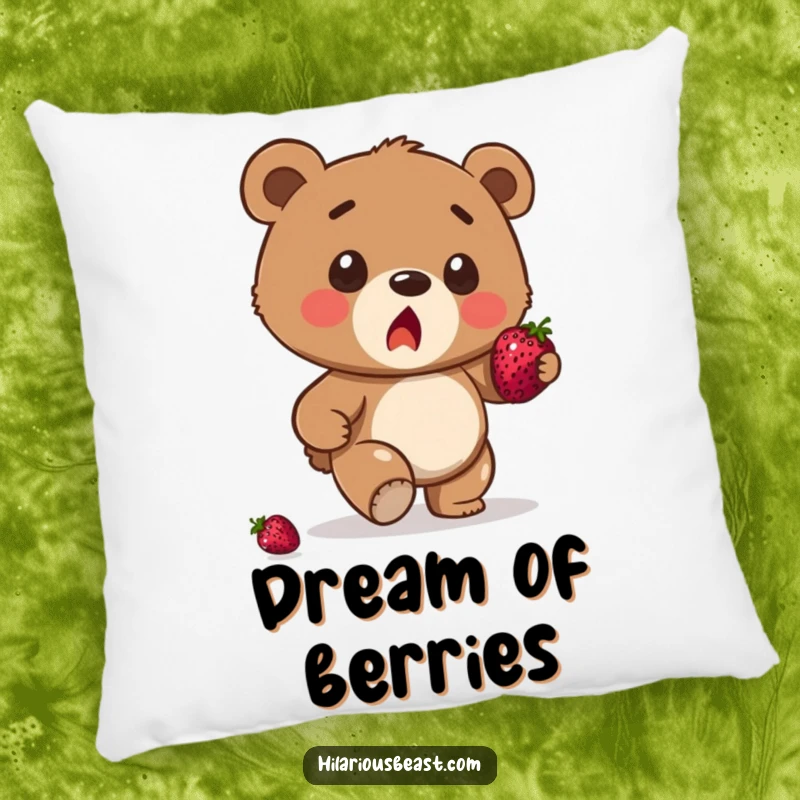 Funny brown bear cub pillow, a surprised cub stumbling with a berry balanced, offering soft comfort and a touch of clumsy charm.