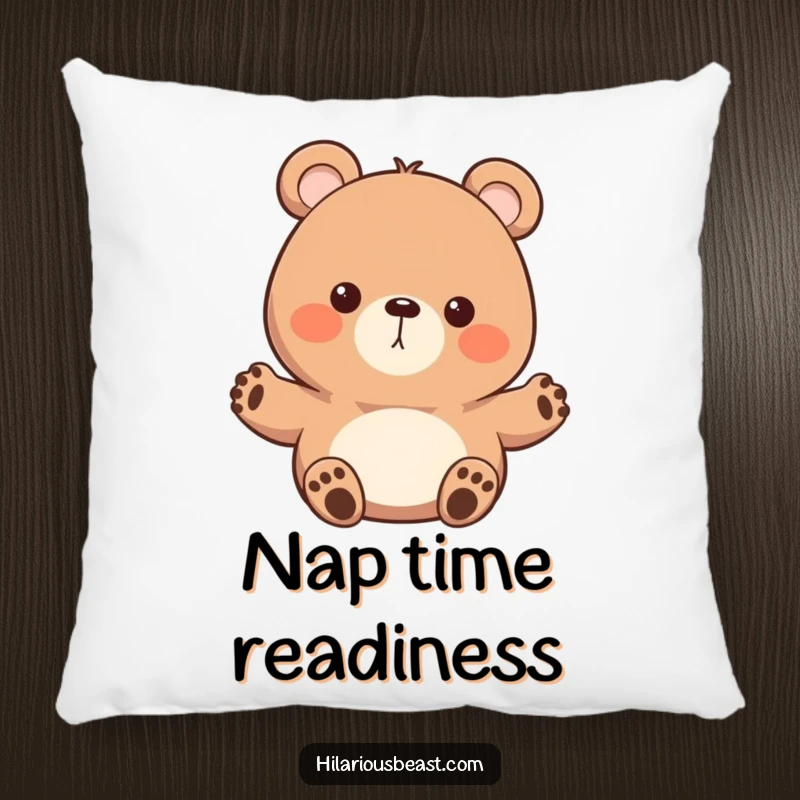 Funny round bear pillow featuring a character with tiny paws waving enthusiastically, offering soft comfort and a touch of friendly, humorous charm.