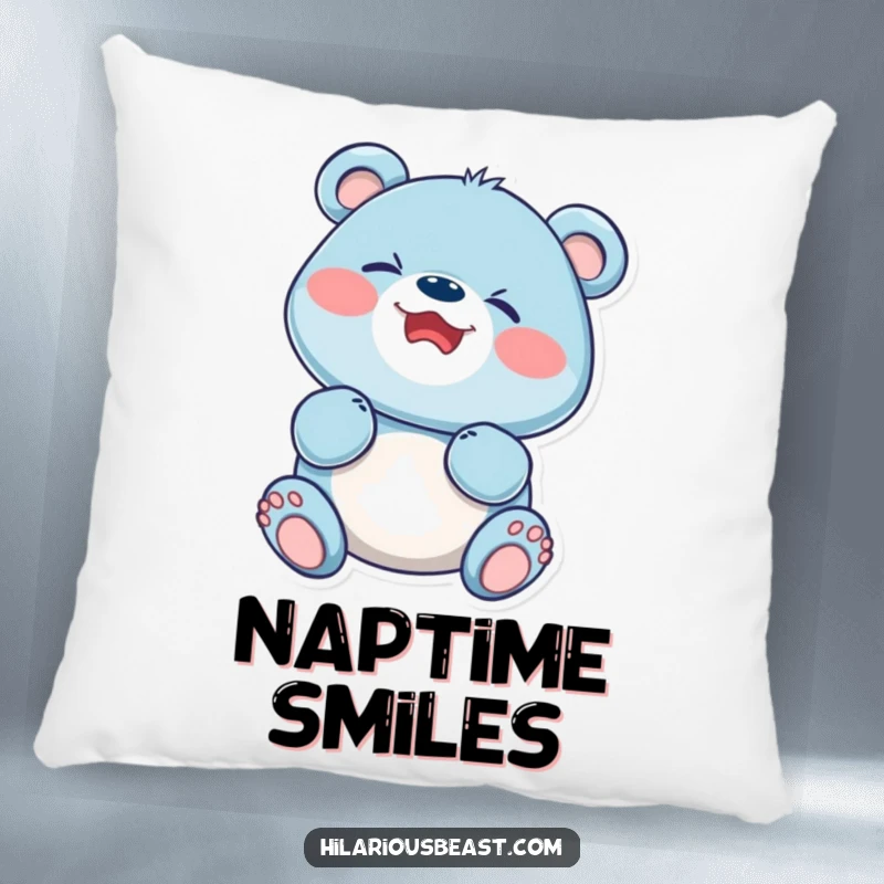 Funny blue bear cub, face scrunched in delight, giggling playfully, featured on a soft and decorative pillow.