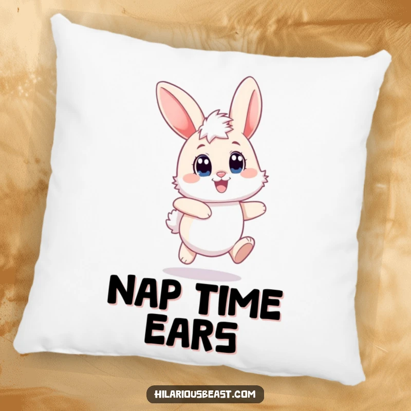 Funny bunny pillow showcasing a fluffy rabbit hopping with big joyful eyes and notably floppy ears, adding a touch of whimsy.
