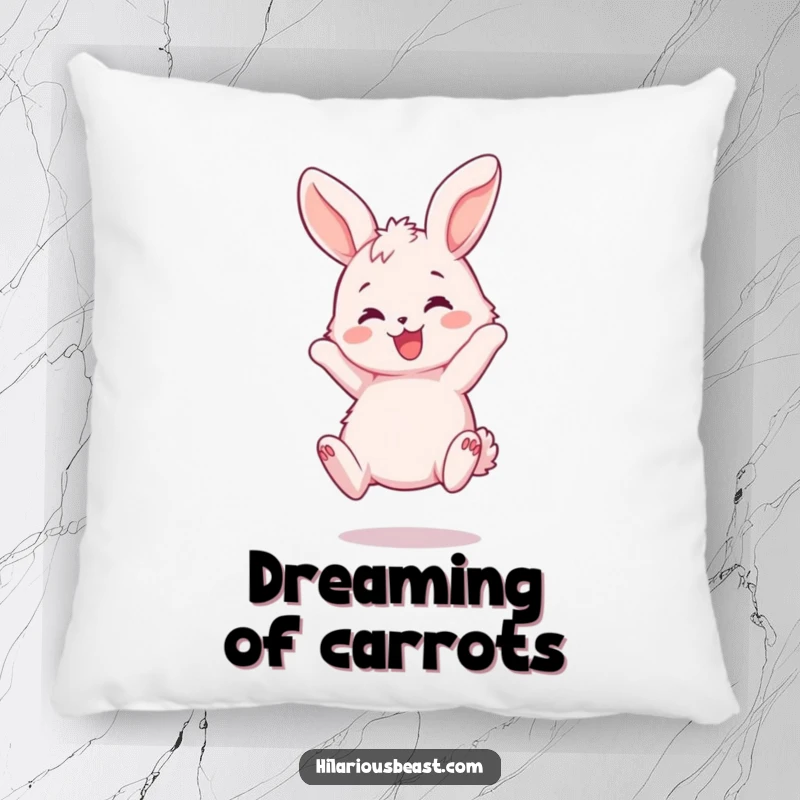 Funny Bunny Bouncing Pillow - A soft pillow featuring a fluffy pink bunny joyfully bouncing, with ears flopping playfully, adding comfort and happiness.