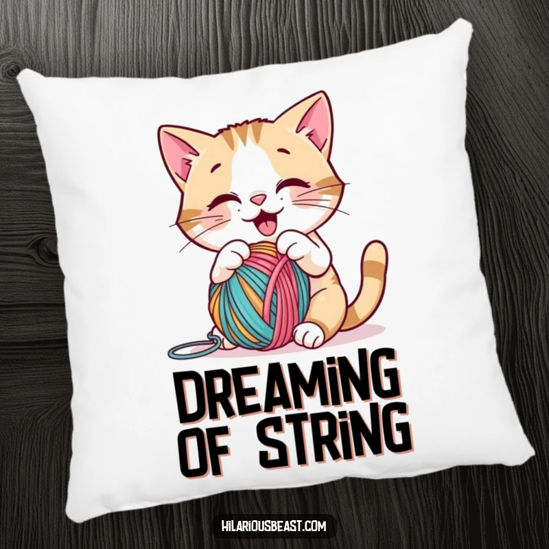Soft pillow showcasing a funny cat’s cheerful play with yarn, ideal for cozy humor and a cute funny gift.