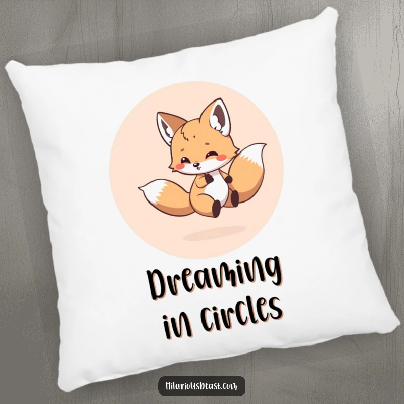 Funny decorative pillow featuring a small, round fox cub continuously chasing its tail in a dizzying circle, adding humor and comfort.