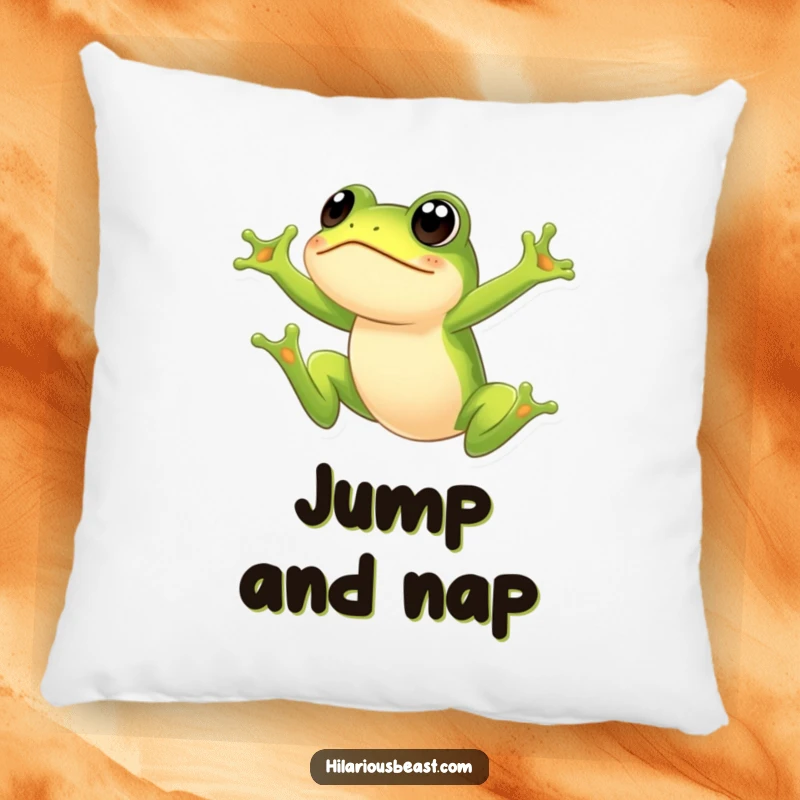 Funny frog pillow featuring a green frog leaping high with an exaggeratedly surprised expression, offering comfort and humor. Perfect for adding a funny accent to sofas or beds.