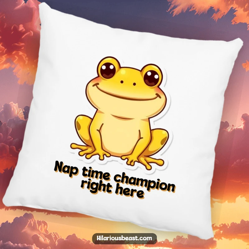 Funny yellow frog pillow with a wide, goofy grin, adding a touch of silly comfort and cheerful vibes to any room. A soft funny friend.