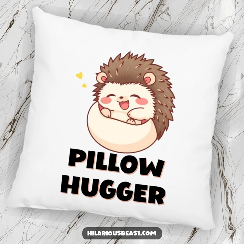 Funny happy hedgehog pillow, a hedgehog rolling into a ball and giggling uncontrollably, soft and hilariously cute decor