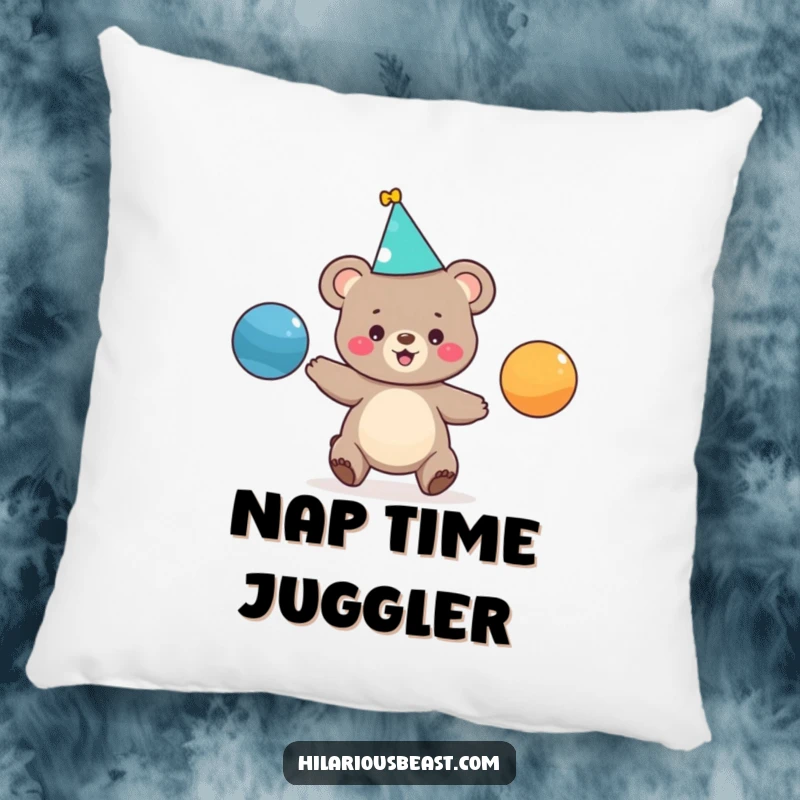 Funny decorative pillow with a cute bear cub in a party hat, joyfully juggling three vibrant balls, adding a humorous touch to any room.