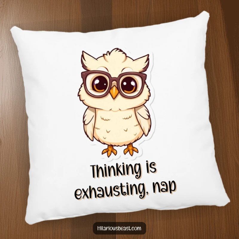 Funny owl chick wearing oversized glasses, tilting head curiously, soft accent pillow.