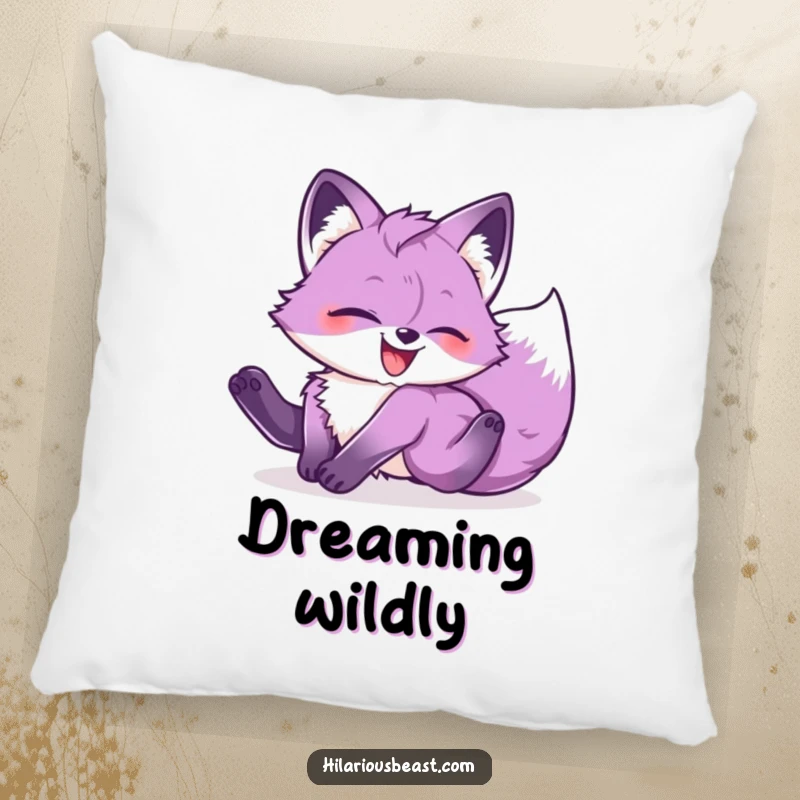 Soft pillow featuring a funny purple fox cub tumbling head over heels with absolute glee, full of playful energy.