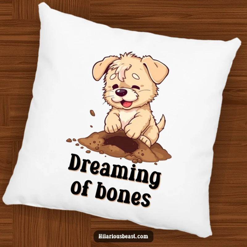 Funny scruffy puppy pillow showing a dog digging a hole with dirt flying, a humorous addition to any room.