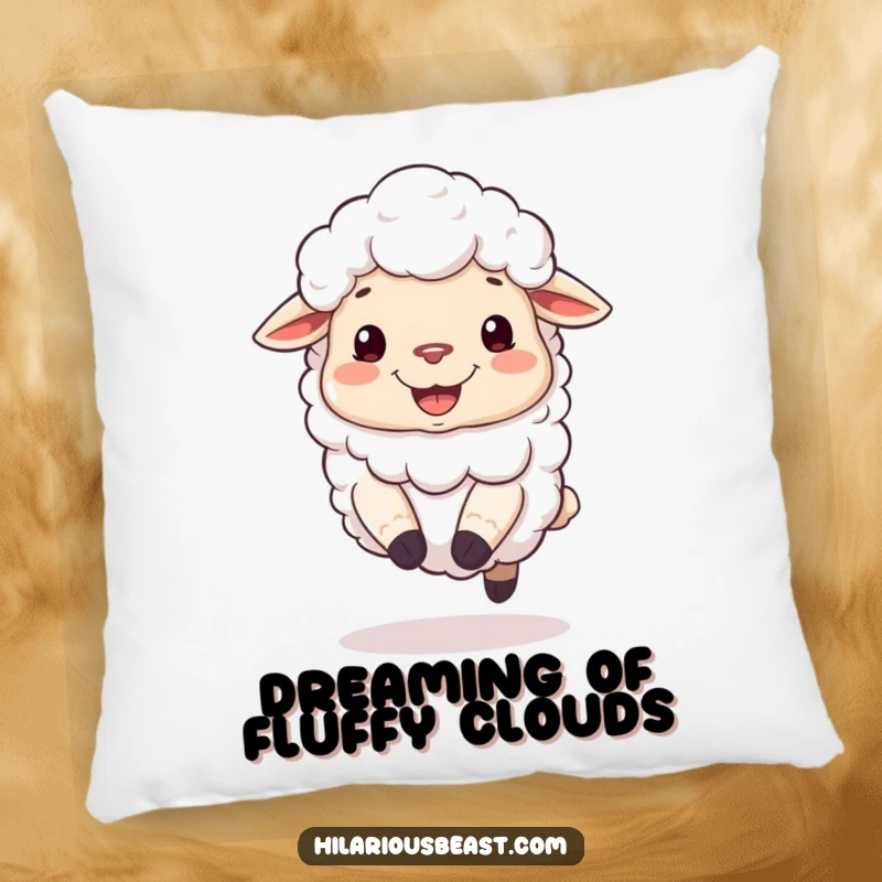 Funny pillow featuring a fluffy sheep with a silly grin, joyfully bouncing on its hooves.