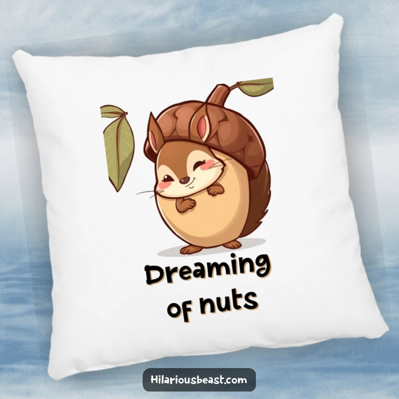 Funny Pillow showcasing a shy squirrel peeking from behind a large acorn, a playful smirk adding to its character.