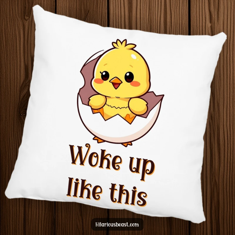 Soft pillow featuring a funny yellow chick hatching from an egg, looking both surprised and incredibly happy.