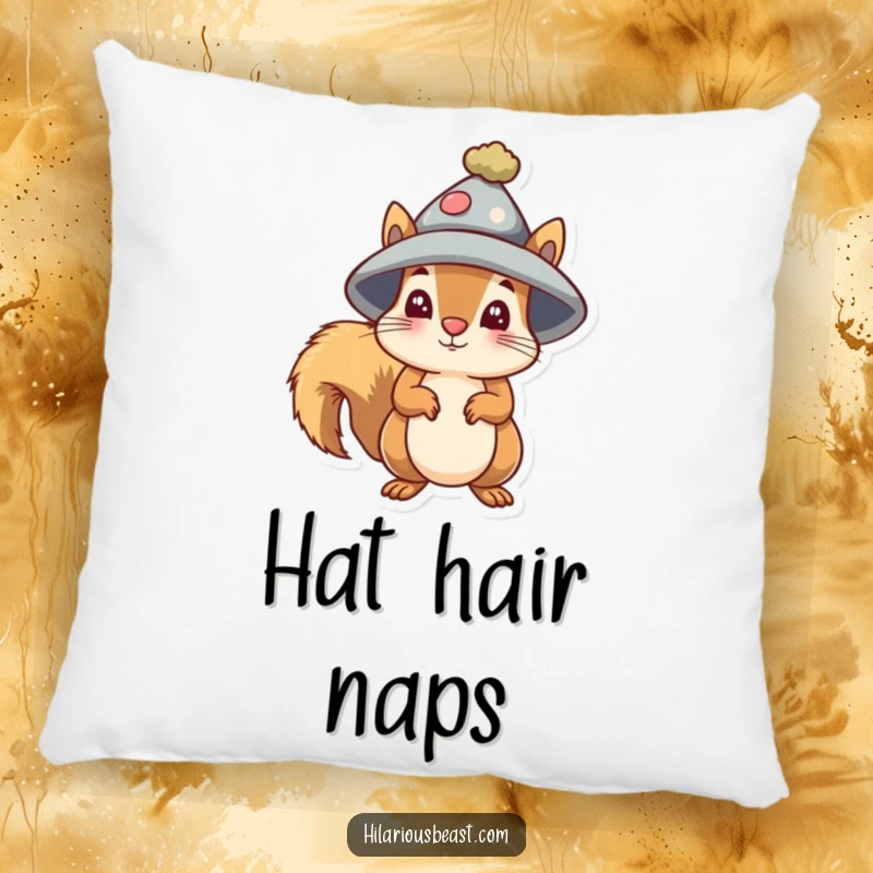 Funny small squirrel pillow wearing a silly oversized hat, looking comically bewildered and confused.