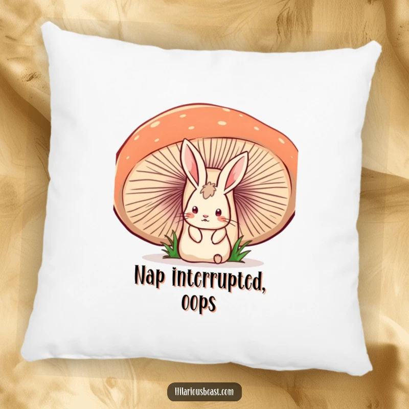 Funny pillow with a startled rabbit looking surprised from behind a large, wobbling mushroom, perfect for humorous home decor.