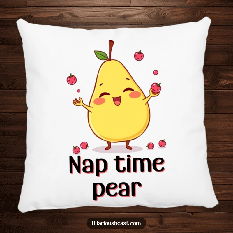 Funny pillow featuring a giggling, slightly lopsided pear character juggling tiny berries, providing comfort with a side of fruity laughs.