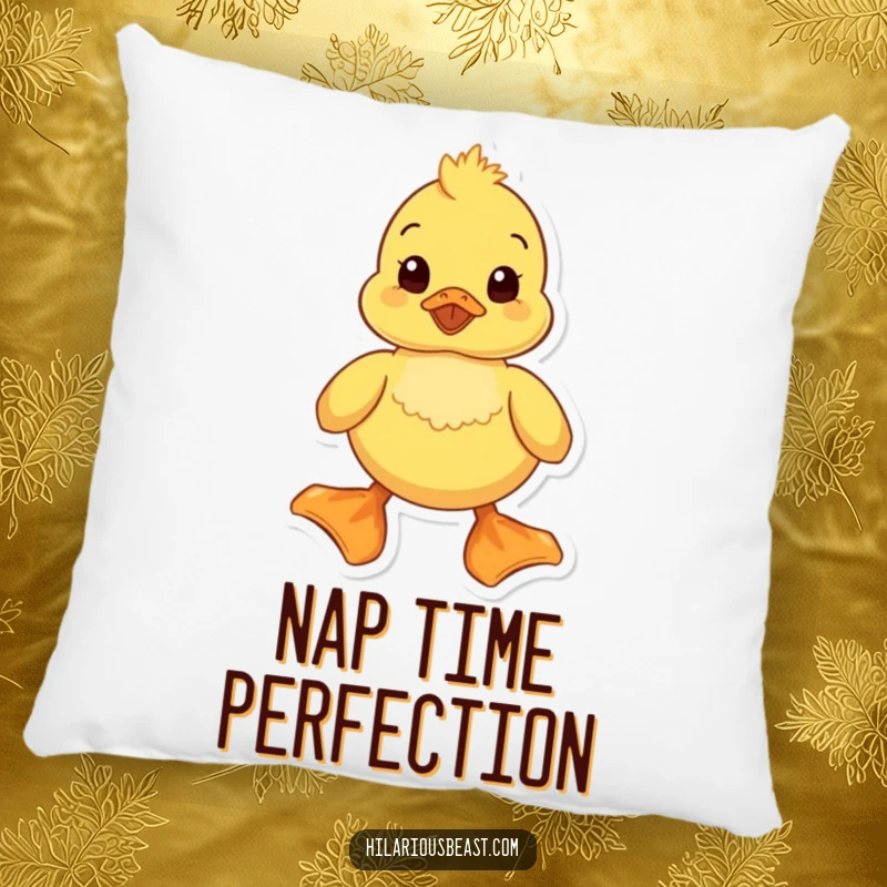 Funny duckling pillow featuring a cute duckling waddling with oversized feet, offering comfort and humor. Perfect for adding a funny accent to sofas or beds.