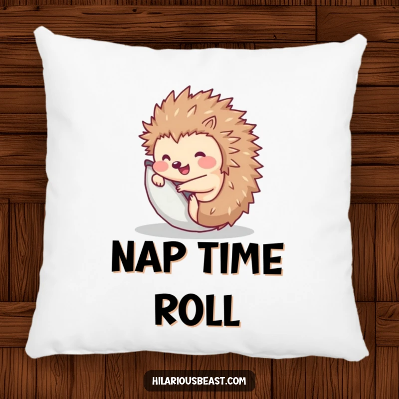 Funny Hedgehog Pillow: Soft cushion featuring a cute hedgehog rolling up in a ball, perfect for decor.