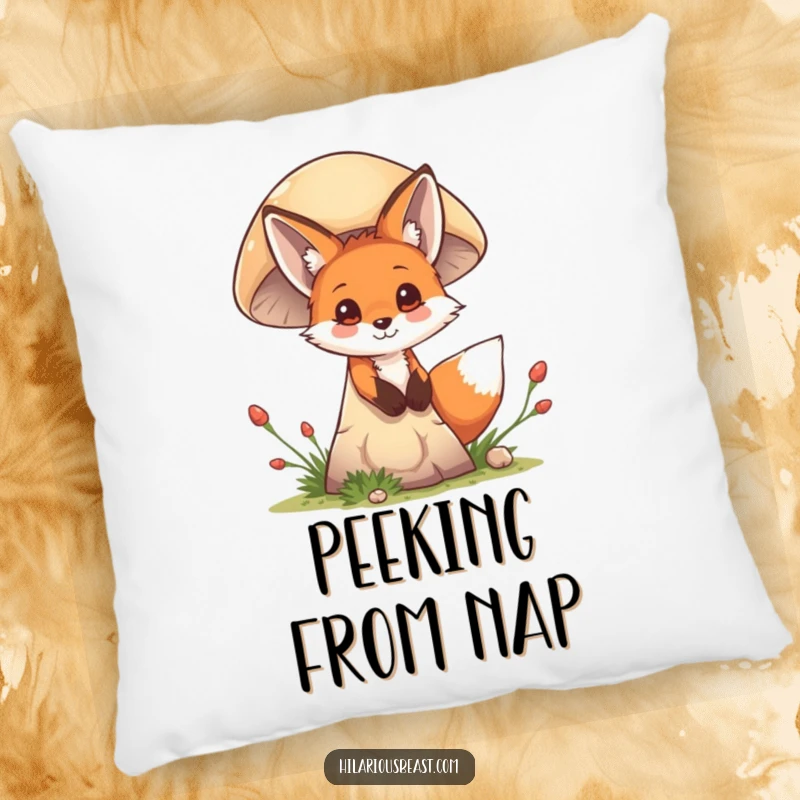 Funny mischievous fox cub peeking with curious eyes, soft decorative pillow, embodying cozy comfort and playful mystery.