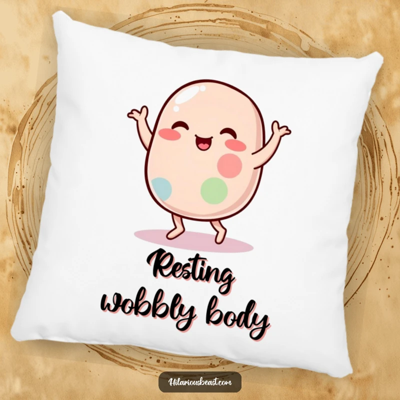 Funny pillow featuring a plump, wobbly jelly bean character performing a joyous and silly dance, adding a humorous touch to comfort.