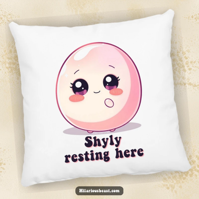 Funny pillow showing a shy blob with sparkly eyes hiding behind a giant, wiggling jellybean, offering comfort and a touch of gentle humor.