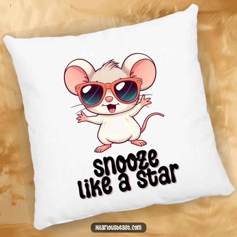 Funny pillow featuring a tiny mouse in oversized sunglasses, busting a move in a disco pose, adding fun to any couch.