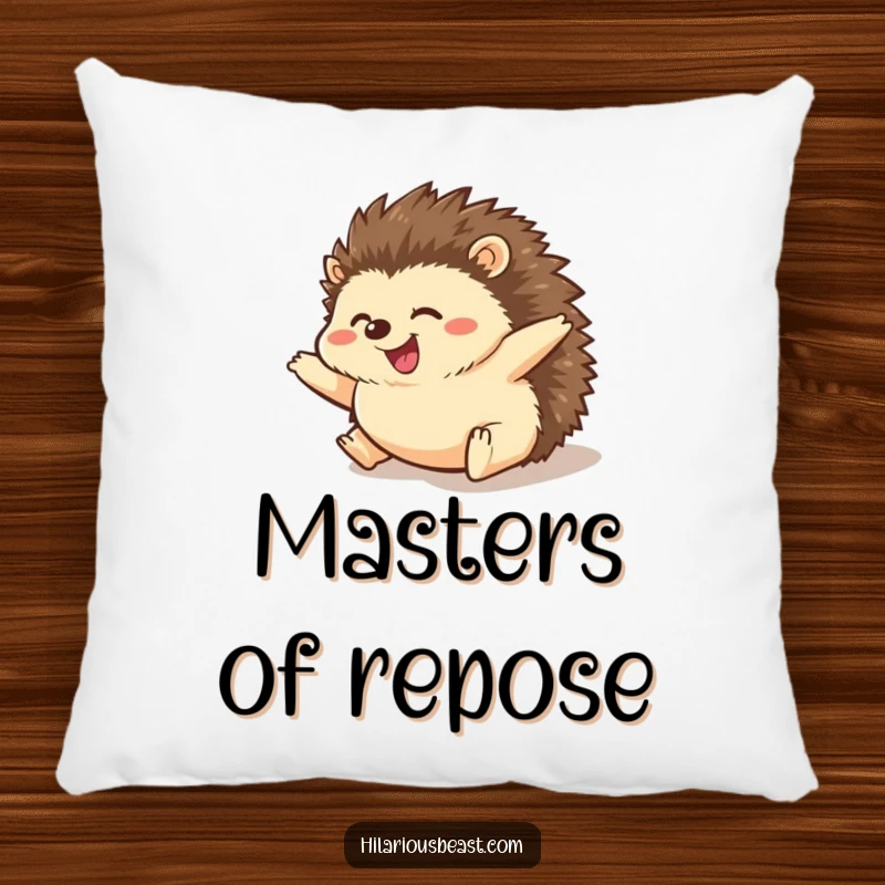 Funny hedgehog pillow showcasing a plump hedgehog rolling joyfully downhill, paws spread in a moment of pure, comical exuberance.