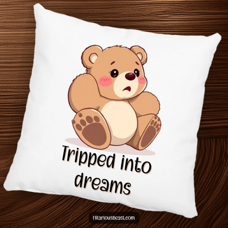 Funny small bear cub tripping with bewildered expression, soft decorative pillow, embodying cozy comfort and endearing clumsiness.