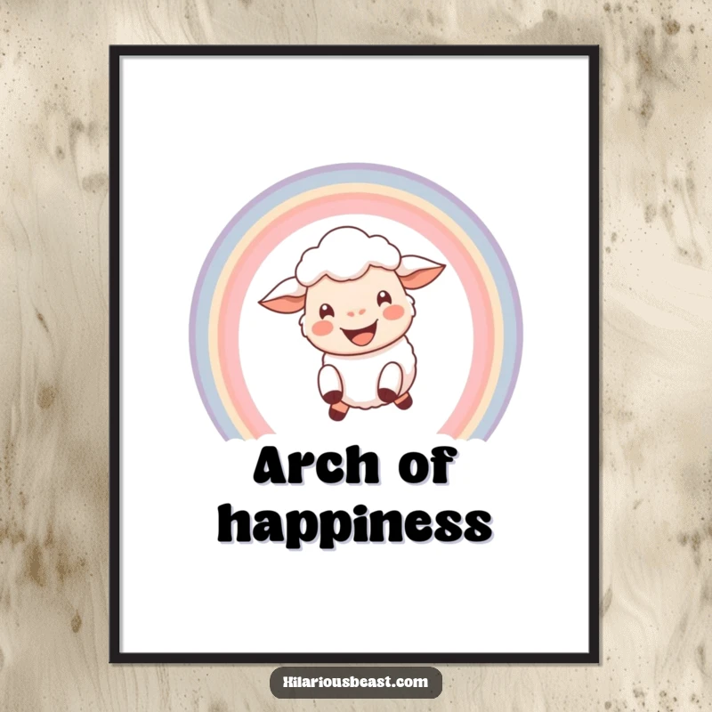 Funny digital art print of a happy little sheep with a wide grin leaping through a colorful rainbow arc, ready for instant joy.