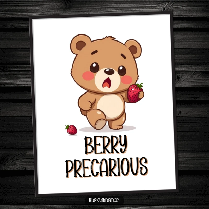 Funny brown bear cub digital art print, a surprised cub stumbling with a berry balanced, ready to add humor.