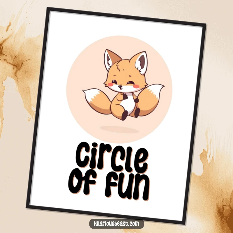 Funny digital art print of a small, round fox cub energetically chasing its own tail in a circle, ready for instant humor.