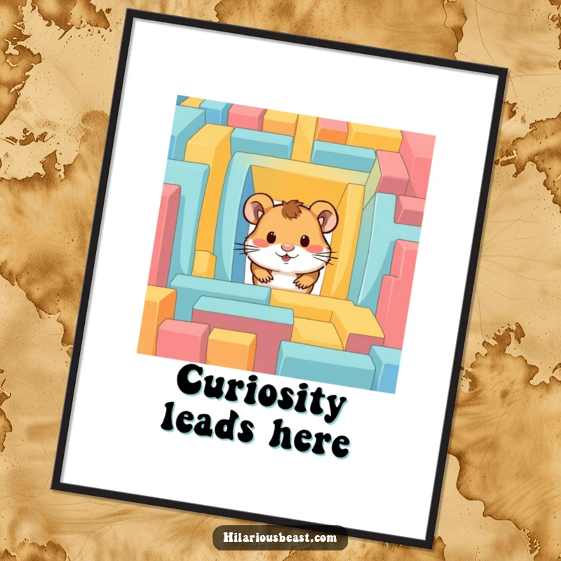Funny digital art print of a curious hamster peeking from a colorful maze, ideal for wall decor.