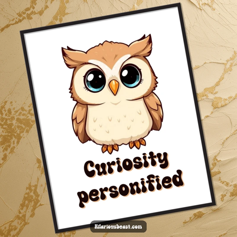 Funny Digital Art of a curious owl tilting its head, large sparkling eyes conveying wisdom and inquiry, a printable piece of art.