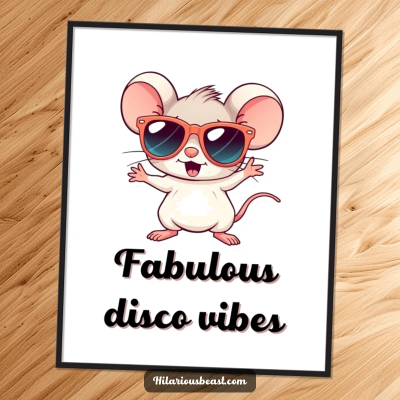 Funny digital art print of a tiny mouse in oversized sunglasses, mid-disco pose, radiating retro party vibes and joy.
