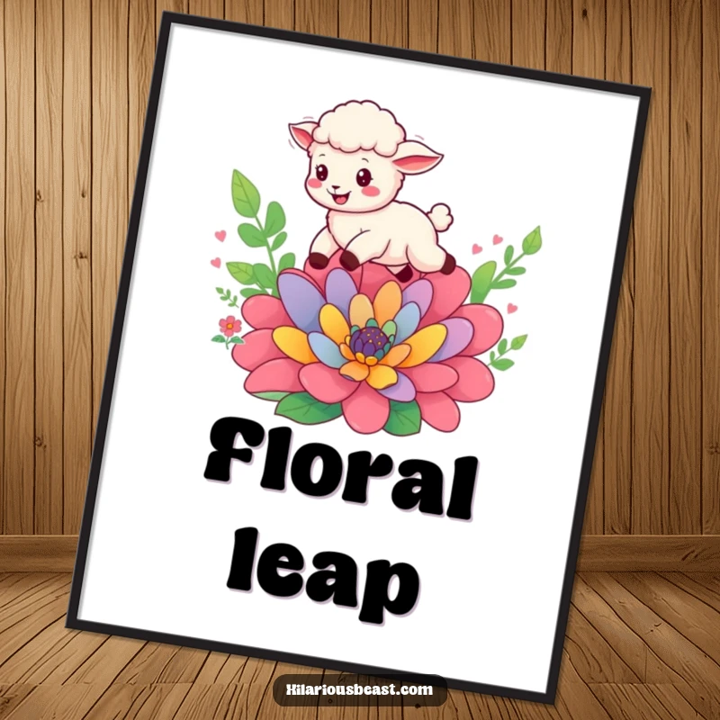 Funny cheerful sheep cub leaping over a colorful flower, digital art illustration, ready for instant joyful wall decor.