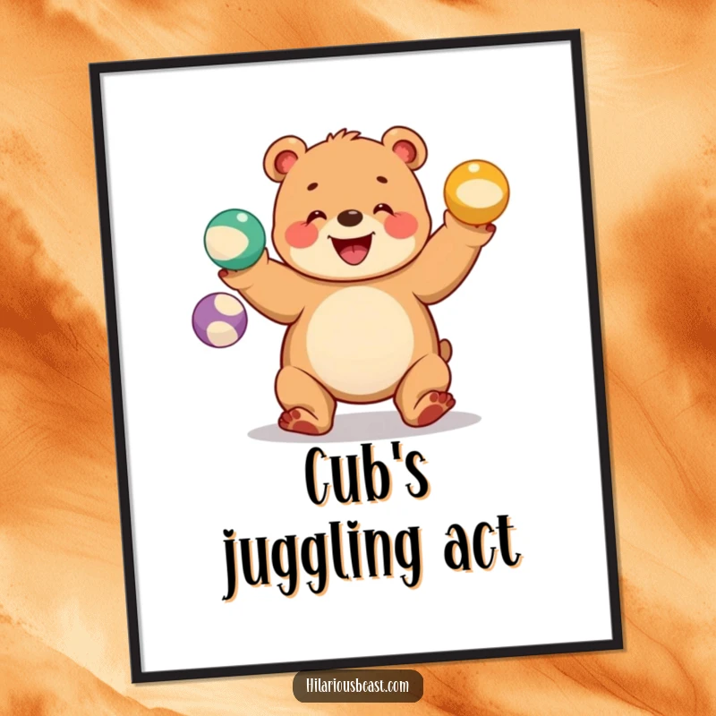 Funny bear cub digital art print of a chubby cub juggling three colorful balls with a wide grin, a joyful downloadable piece.