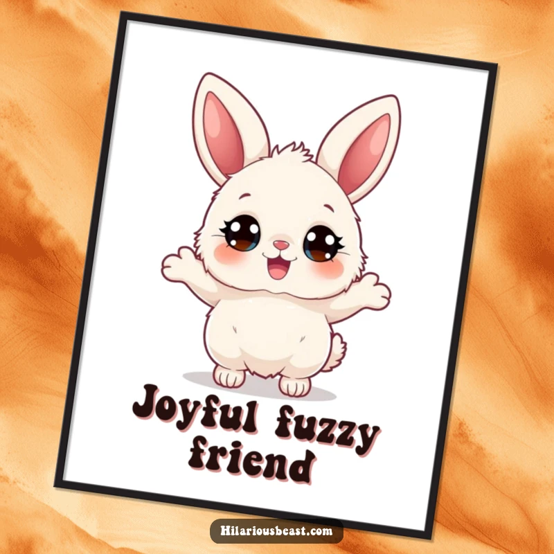 Funny fluffy bunny digital art print, a character with big eyes bouncing joyfully, perfect for instant download and adding adorable, humorous charm.