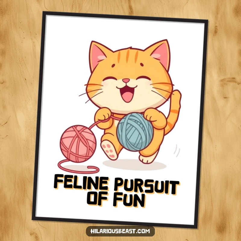 Funny digital art print of a round orange cat joyfully chasing a bouncing yarn ball, an instant funny gift.